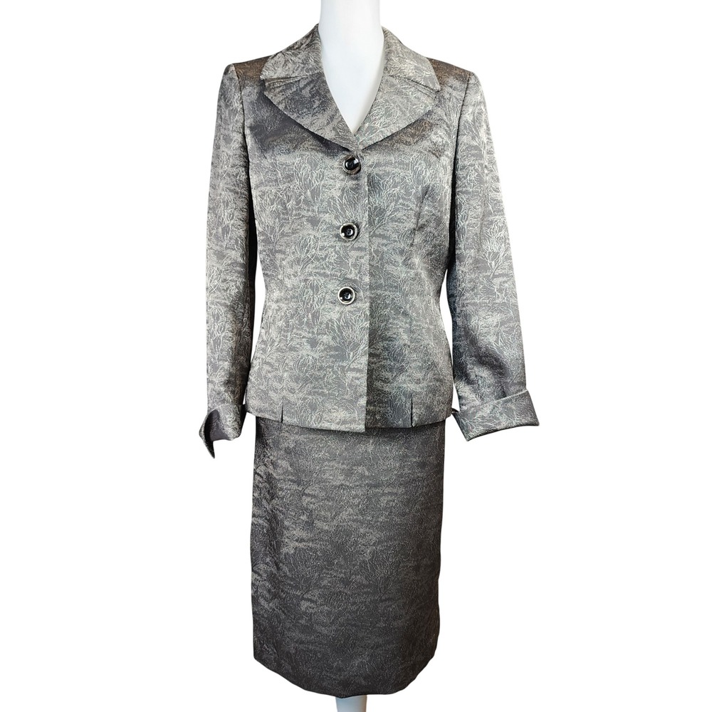 Le Suit 2pc Skirt Suit Set Womens 8 Silver Gray Jacquard‎ Wedding Formal MOB MOG